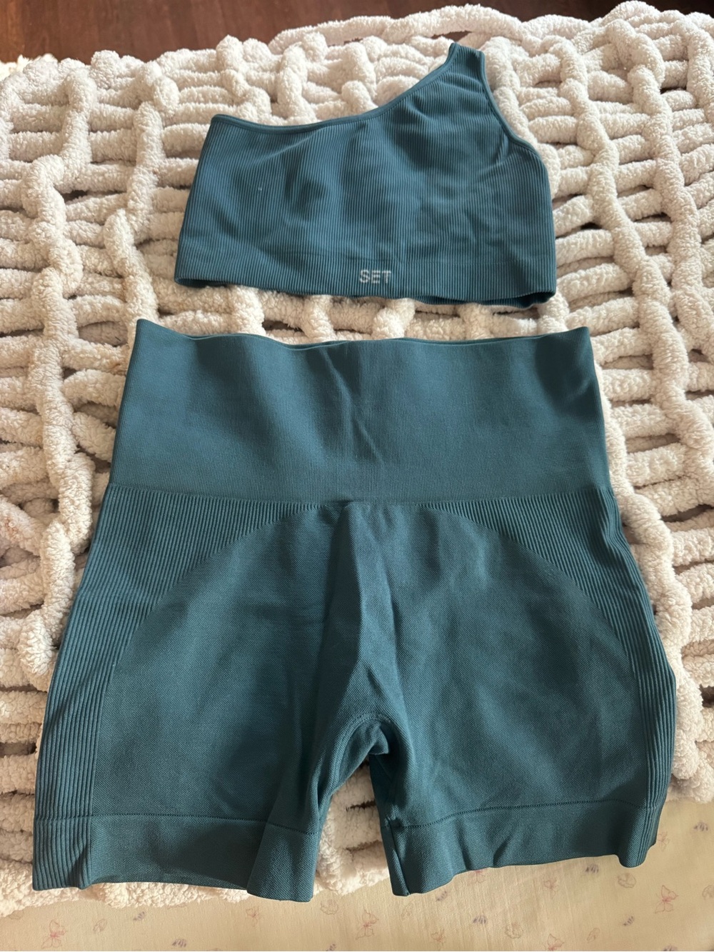 Teal SET Active One-Shoulder Sports Bra & Shorts Set